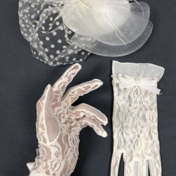 Beyaz Puantiyeli Vualet Gelin Şapkası Ve Beyaz Dantelli Gelin Eldiveni Parti Aksesuarı-GELINELDIVENI-1019