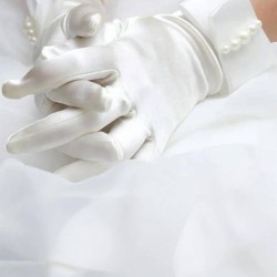 Kırık Beyaz Fiyonklu İncili Likralı Saten Gelin Eldiveni Parti Eldiveni-GELINELDIVENI-1026