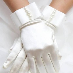 Kırık Beyaz Fiyonklu İncili Likralı Saten Gelin Eldiveni Parti Eldiveni-GELINELDIVENI-1026