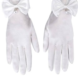 Kırık Beyaz İncili Fiyonklu Saten Kostüm Eldiveni Gelin Eldiveni Parti Eldiveni-GELINELDIVENI-1027