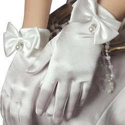Kırık Beyaz İncili Fiyonklu Saten Kostüm Eldiveni Gelin Eldiveni Parti Eldiveni-GELINELDIVENI-1027
