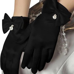 Siyah İncili Fiyonk Model Saten Gelin Eldiveni Parti Eldiveni Kostüm Eldiveni-GELINELDIVENI-1029