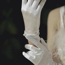 Beyaz Tek İncili Saten Gelin Eldiveni Dans Eldiveni Parti Eldiveni-GELINELDIVENI-1030