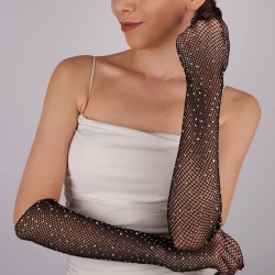 Siyah Parlak Taşlı File Eldiven Parti Eldiveni Dans Eldiveni Kostüm Eldiveni-GELINELDIVENI-1035