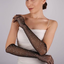 Siyah Parlak Taşlı File Eldiven Parti Eldiveni Dans Eldiveni Kostüm Eldiveni-GELINELDIVENI-1035