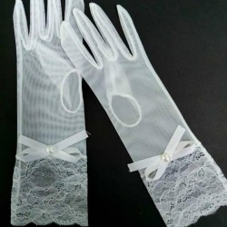 Beyaz Ucu Dantelli Fiyonklu Detaylı Gelin Eldiveni Kostüm Eldiveni-GELINELDIVENI-1043