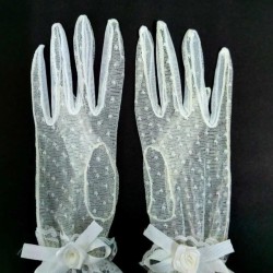 Beyaz Gül Detaylı Fiyonklu Gelin Eldiveni Kostüm Eldiveni-GELINELDIVENI-1044