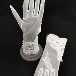 Beyaz Ucu Dantel Düğme Desenli Gelin Eldiveni Kostüm Eldiveni-GELINELDIVENI-1046