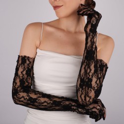 Siyah Dantelli Pazu Boy Uzun Gelin Eldiveni Parti Kostüm Eldiveni-GELINELDIVENI-1047