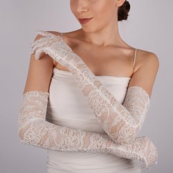 Beyaz Dantelli Pazu Boy Uzun Gelin Eldiveni Parti Kostüm Eldiveni-GELINELDIVENI-1048