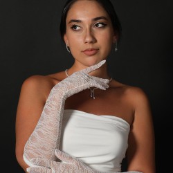 Beyaz Likralı Dantelli Pazu Boy Gelin Eldiveni Parti Eldiveni-GELINELDIVENI-1050