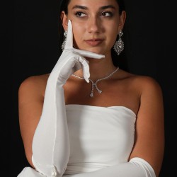 Beyaz Likralı Sendi Kumaş Uzun Püsküllü Gelin Eldiveni Kostüm Aksesuarı-GELINELDIVENI-1053