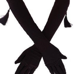 Siyah Likralı Sendi Kumaş Uzun Püsküllü Gelin Eldiveni Kostüm Aksesuarı-GELINELDIVENI-1054