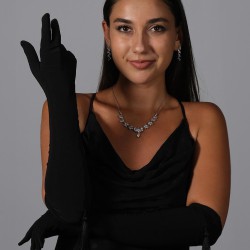 Siyah Likralı Sendi Kumaş Uzun Püsküllü Gelin Eldiveni Kostüm Aksesuarı-GELINELDIVENI-1054