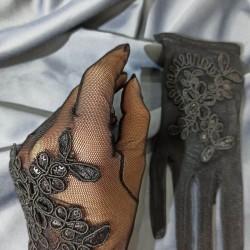 Siyah Kısa Tül Dantelli Gelin Eldiveni Kostüm Aksesuarı-GELINELDIVENI-1055