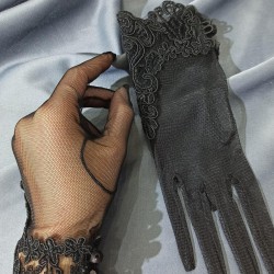 Siyah Dantelli Düğme Detaylı Gelin Eldiveni Kostüm Eldiveni-GELINELDIVENI-1063