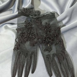 Siyah İşlemeli Çiçek Desenli Boncuklu Gelin Eldiveni Kostüm Aksesuarı-GELINELDIVENI-1064