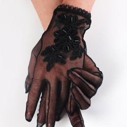 Siyah İşlemeli Boncuk Detaylı Şık Gelin Eldiveni Parti Eldiveni-GELINELDIVENI-1067