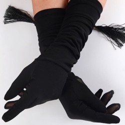 Siyah Mat Saten Uzun Püsküllü Gelin Eldiveni Kostüm Aksesuarı-GELINELDIVENI-1073