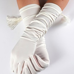 Beyaz Mat Saten Uzun Püsküllü Gelin Eldiveni Kostüm Aksesuarı-GELINELDIVENI-1074