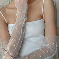 Kırık Beyaz İncili Kostüm Düğün Nikah Eldiveni Parti Aksesuarı-GELINELDIVENI-1075