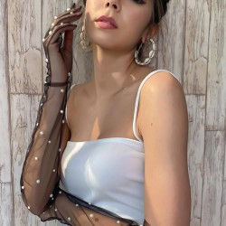 Siyah İncili Nikah Parti Düğün Eldiveni Kostüm Aksesuarı-GELINELDIVENI-1078