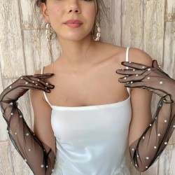 Siyah İncili Nikah Parti Düğün Eldiveni Kostüm Aksesuarı-GELINELDIVENI-1078