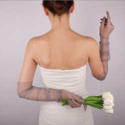 Gri Uzun Şık Tül Eldiven Düğün Nikah Parti Kostüm Eldiveni-GELINELDIVENI-1081