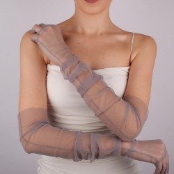 Gri Uzun Şık Tül Eldiven Düğün Nikah Parti Kostüm Eldiveni-GELINELDIVENI-1081