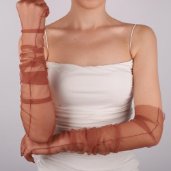 Bakır Rengi Uzun Şık Tül Eldiven Düğün Nikah Parti Kostüm Eldiveni-GELINELDIVENI-1082