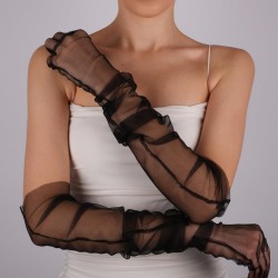 Siyah Uzun Şık Tül Eldiven Düğün Nikah Parti Kostüm Eldiveni-GELINELDIVENI-1083