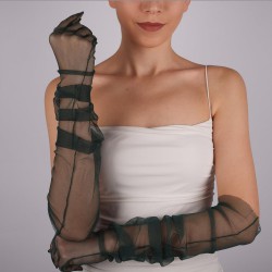 Zümrüt Yeşili Uzun Şık Tül Eldiven Düğün Nikah Parti Kostüm Eldiveni-GELINELDIVENI-1084