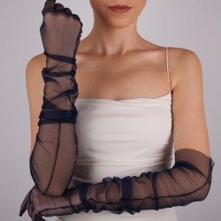 Lacivert Uzun Şık Tül Eldiven Düğün Nikah Parti Kostüm Eldiveni-GELINELDIVENI-1085