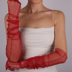 Kırmızı Uzun Şık Tül Eldiven Düğün Nikah Parti Kostüm Eldiveni-GELINELDIVENI-1086