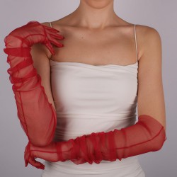 Kırmızı Uzun Şık Tül Eldiven Düğün Nikah Parti Kostüm Eldiveni-GELINELDIVENI-1086