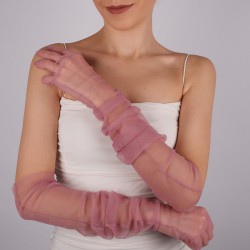 Gül Kurusu Uzun Şık Tül Eldiven Düğün Nikah Parti Kostüm Eldiveni-GELINELDIVENI-1087