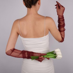 Bordo Uzun Şık Tül Eldiven Düğün Nikah Parti Kostüm Eldiveni-GELINELDIVENI-1088