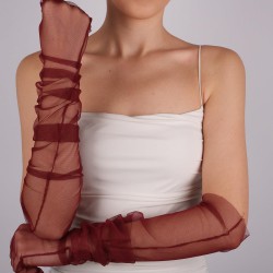 Bordo Uzun Şık Tül Eldiven Düğün Nikah Parti Kostüm Eldiveni-GELINELDIVENI-1088