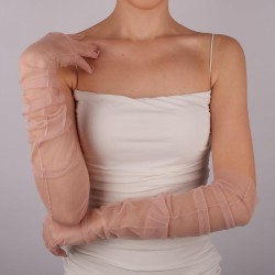 Pudra Uzun Şık Tül Eldiven Düğün Nikah Parti Kostüm Eldiveni-GELINELDIVENI-1089