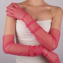 Fuşya Uzun Şık Tül Eldiven Düğün Nikah Parti Kostüm Eldiveni-GELINELDIVENI-1090