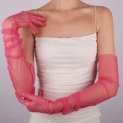 Fuşya Uzun Şık Tül Eldiven Düğün Nikah Parti Kostüm Eldiveni-GELINELDIVENI-1090