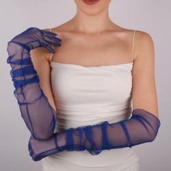 Saks Mavi Uzun Şık Tül Eldiven Düğün Nikah Parti Kostüm Eldiveni-GELINELDIVENI-1091