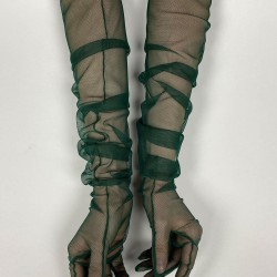 Tül Eldiven Parti Nikah Düğün Kostüm Eldiveni Zümrüt Yeşili Renk Şık Eldiven-GELINELDIVENI-1095