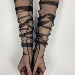 Tül Eldiven Parti Nikah Düğün Kostüm Eldiveni Siyah Renk Şık Eldiven-GELINELDIVENI-1100