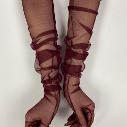 Tül Eldiven Parti Nikah Düğün Kostüm Eldiveni Bordo Renk Şık Eldiven-GELINELDIVENI-1101