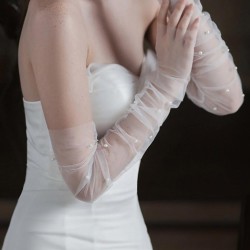 İncili Şık Tül Gelin Eldiveni Şeffaf Tül Gelin Eldiveni-GELINELDIVENI-1106