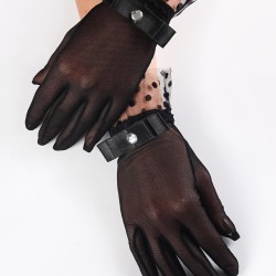 Siyah Ucu Puantiyeli Fiyonklu Taşlı Parti Eldiveni Gelin Aksesuarı-GELINELDIVENI-1111