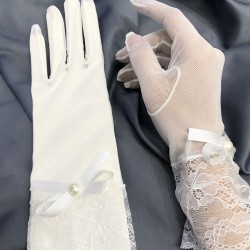 Beyaz Uç Kısmı Büyük Dantelli Fiyonklu Gelin Eldiveni Kostüm Aksesuarı-GELINELDIVENI-1117