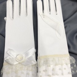 Beyaz Ucu Puantiyeli Büyük Fiyonklu Gelin Eldiveni Kostüm Aksesuarı-GELINELDIVENI-1118