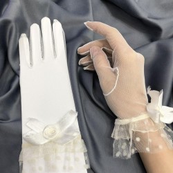 Beyaz Ucu Puantiyeli Büyük Fiyonklu Gelin Eldiveni Kostüm Aksesuarı-GELINELDIVENI-1118